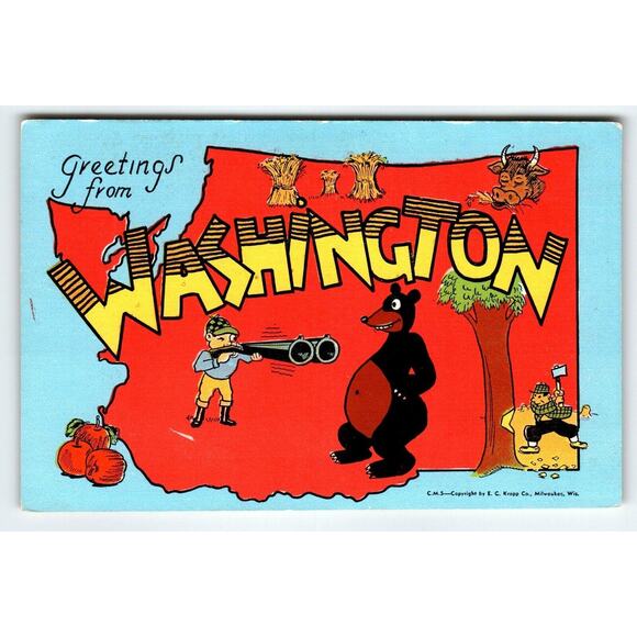 Greetings From Washington Map Postcard Hunter Brown Bear Lumberjack Linen Kropp - Picture 1 of 2